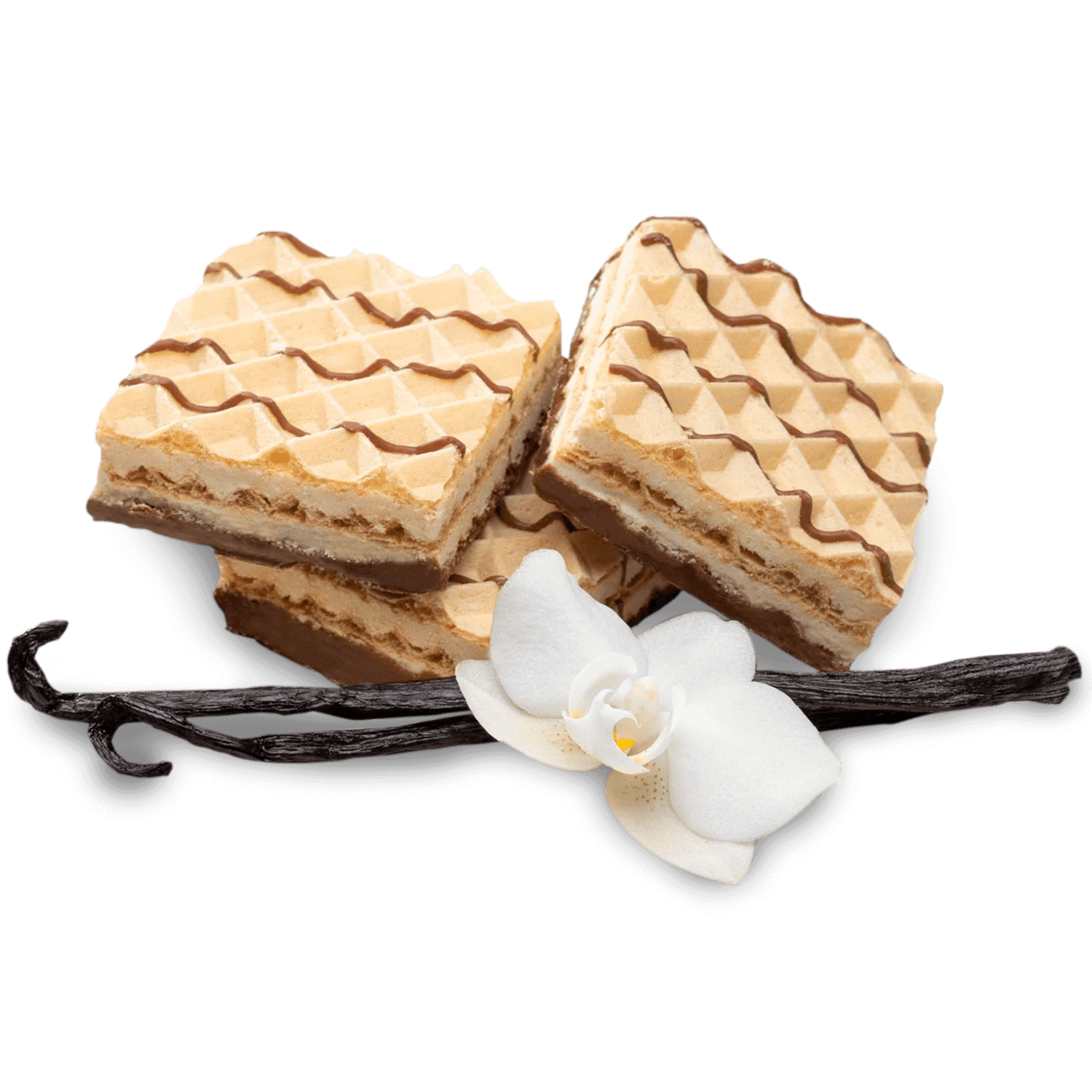 Delicious protein wafers with creamy layers, garnished with a vanilla flower, perfect for a guilt-free snack.